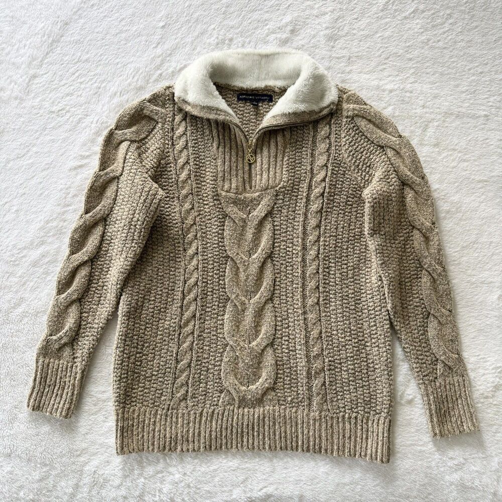 Adrienne Vittadini Cable-Knit 1/4 Zip Mock Neck Sweater Tan Size Small